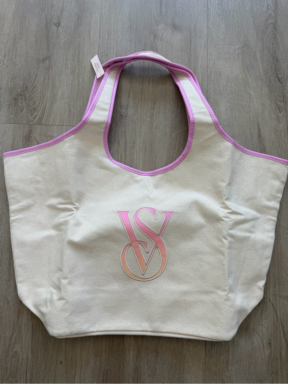 Victoria's Secret Cream Canvas Tote with Pink Trim and Gradient Logo